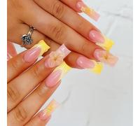 24 Pieces Press On Nails Square with Yellow Gradient TipsFloral Glossy Cheerful Fake Acrylic Nails Kit Handmade French Design for Parties