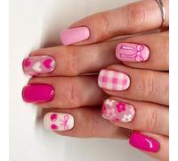 24 Pieces Shiny Full Covers Glue On Nails Medium Square False Nails Beautiful Flowers On Heart Artificial Press