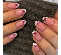 24 Pieces Short Almond Press On Nails Glossy Bows Designs French Tip False Manicure Art Easy To Use Quick Nail Solution