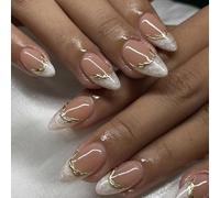24 Pieces Short Almond Shape Press On Nails Glossy White French Tips with 3D Gold Line Decoration Artificial Nails