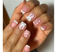24 Pieces Short Press On Nails Artificial Nails With Rabbits Designs Acrylic Stick On Naol Manicure For Festive Occasion Cute Nail