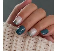 24 Pieces Short Press On Square False Nails In Glossy Sea Blue Color Women's Art Shimmering Designs