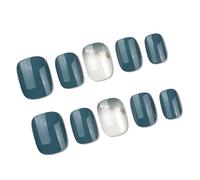 24 Pieces Short Press On Square False Nails In Glossy Sea Blue Color Women's Art Shimmering Designs Glues On Press On Nail