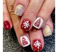 24 Pieces Short Square Glittering French Tip Press On Nails With Snowflake Designs For Christmas And New Year