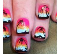 24 Pieces Short Square Glossy Coconut Sunset Design Themed False Nails for Salon Home or Event Full Covers Stick on Nai