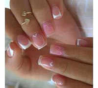 24 Pieces Short Square Shiny White French Heart ABS Press On French Style False Nails