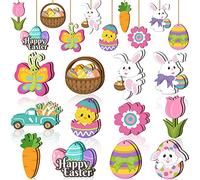 24 Pieces Spring Easter Wooden Ornaments Happy Easter Cutouts Embellishments Cute Holiday Decorations with Strings Hanging Ornaments for Easter Tree Party Home Classroom Decor (Bunny Egg Flower)