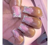 24 Pieces Square Artificial Nails French Press On Nails Shiny False Rhinestones Stand Up The Party