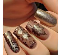 24 Pieces Square False Nails Designed With Golden Glittering Leaves Press On Nails For Autumn And Winter Wear Seasonal Nail Art