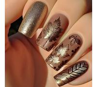 24 Pieces Square False Nails Designed With Golden Glittering Leaves Press On Nails For Autumn And Winter Wear