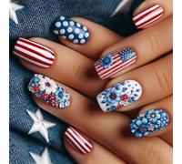 24 Pieces Square False Nails For July 4th Press On Manicure Decors Stick On With Flower Design Independence Day Nail Art
