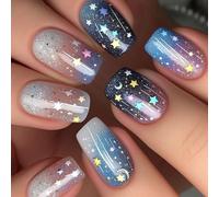 24 Pieces Square False Nails With Space Theme Moon Star Designs Acrylic Glossy Stick On For Women And Girls