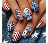24 Pieces Square Independence Day with Patriotic Flower Design False Nails for Holiday Gatherings Holiday Celebration Nail