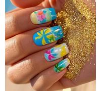 24 Pieces Square Press On Nails Acrylic False Nails Shiny Artificial Coconuts Tree Pen For Party