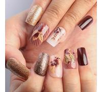 24 Pieces Square Press On Nails Flowers False Nails Leaves Acrylic Glitter
