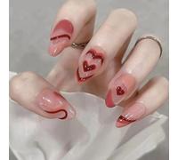 24 Pieces Stripes Heart Press On Nails Short Oval Styles False Nails Full Covers Acrylic Nails Valentine's Day Manicure