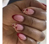 24 Pieces Valentine's Day Short Almond Shape French Lace Press On False Nails with Glitter Shiny Heart Designs Stick on False Nails for Women