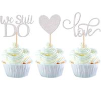 24 Pieces We Still Do Cake Decoration Glitter Love Heart Cupcake Toppers Marriage Anniversary Cake Decoration for Bride Shower Wedding Engagement Birthday Cake Decorations Silver