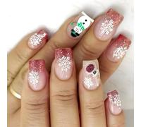 24 Pieces Winter Snowflake Press On Nails Short Square Designs With French Tips False Nails Festive Nails Decorations