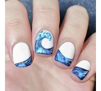 24 Pieces with Blue White Water Accents Short Square False Stick on for Modern Women French Tip