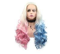 24" Platinum Blonde to Blue/Pink Ombre Body Wave Synthetic Lace Front Wigs Natural Half Blue/pink Heat Resistant Fiber Hair for Woman
