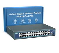 24 Port Gigabit PoE Switch Unmanaged, YuanLey 27-Port Gigabit PoE with 2 Uplink & 1 SFP, Rackmout, Build in 400W Power, Support 802.3af/at, Plug and Play, One-Key VLAN, Metal Case