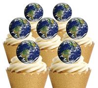 24 Pre Cut Planet Earth themed Edible Wafer Paper Round Cake Toppers Decorations - Perfect for parties