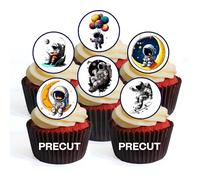 24 PRECUT Astronaut Edible Cupcake Toppers - Cool Astronaut Theme Premium Thickness SWEETENED Vanilla - Wafer Card disc Cake Decorations