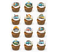 24 PRECUT Campervan Cupcake Toppers, Motorhome Edible Cake Decorations, Camper Vanlife Topper Premium Wafer Card