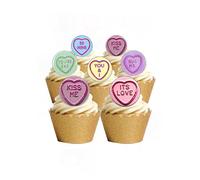 24 PRECUT Love Heart Sweets Themed Edible Wafer Paper Round Cake Toppers - Perfect for Valentines Day