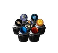 24 Precut Planets Outer Space Themed Edible Wafer Paper Cake Toppers Decorations