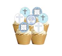 24 Precut Round Edible Wafer Paper Christening Baby Boy Toppers Cake Decorations