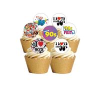 24 Precut Round Retro 1990's Nineties 90's themed Edible Wafer paper Cake Toppers