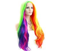 24" Rainbow Wig Orange Yellow Red Pink Blue Green Purple Multi color Natural Wave Lace Front Wig Free Part Colorful Synthetic Wig 180% Density Heat Resistant Hair Replacement for Woman