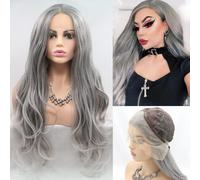 24" Replacement Natural Light Grey with Tips Lace Front Wig Heat Safe Long Wave 13x3" Pre Plucked Synthetic Hair Pastel Gray Wigs for Women Ladies Cosplay Makeup Party Travel Wigs Layered Design