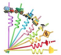 24 Reusable Construction Plastic Straws Excavator Bulldozer Blender Truck for Construction Theme Birthday Party Supplies Gift Favors with 2 Cleaning Brushes
