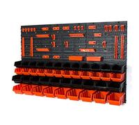 24 S size and 18 M size orange/black storage bins with wall mounted panel