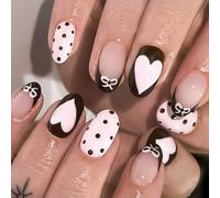 24 Safe Faux Nails Round Shape, Shimmering Heart & Matte Finish for, Easy to Apply Love Heart Dot Bows False Nails