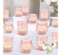 24 Set Pink Tea light Candle Holders, Glass Votive Candle Holders Decorations Bulk, Vintage Embossed Tea light Candles Jar for Wedding Table Centerpiece Easter Birthday Church Party Home