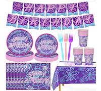 24 Set Spider Birthday Supplies and Decorations, 1, Purple Happy Birthday | Spiderweb Plates Napkins Tablecloth Banner Set, Halloween Tableware Kit, Spider Theme Disposable Party Pack, Festive Decor