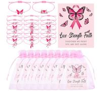 24 Sets Breast Cancer Awareness Bracelets Adjustable Cord Stretch with Cards Organza Bags Pink Ribbon Breast Awareness Bracelets Gifts for Women Cancer Fighters Fundraiser Events Survivors Support