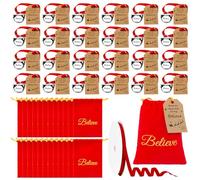 24 Sets Christmas Believe Bells Polar Express Santa Gifts Reindeer Ornaments With Velvet Bag, Tags and Ribbon - Christmas Favors for Adults, Tree Home Decor Keepsake