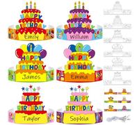 24 Sets Happy Birthday Paper Headbands Craft Kits for Kids Color Your Own Birthday Paper Hats DIY Colorful Crowns with Elastic Band for Teachers Students School Classroom Party Activity Supplies