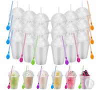 24 Sets Slushie Cups with Dome Lids and Straws Detachable Spoon Straws Reusable Plastic Iced Coffee Cups Smoothie Tumbler for Birthdays Summer Party Supplies (Transparent White)