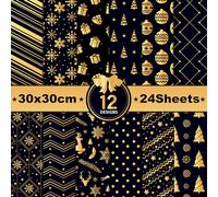 24 Sheets Christmas Gold and Black Pattern Pad 11.8'' x 11.8'' Christmas Scrapbook Paper Pad Xmas Tree Snowflakes Pine Branches Bells Patterned Double-Sided Cardstock Paper for DIY Card Making Origami