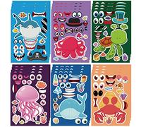 24 Sheets Make Your Own Sea Animals Stickers Make A Face Stickers for Kids Toddlers with Shark Jellyfish Hermit Crab Turtle Octopus Dolphin DIY Craft Stickers Kids Party Favor Supplies