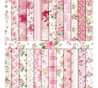 24 Sheets Pink Flower Scrapbook Paper 12'' x 12'' Vintage Floral Rose Pattern Paper Pad Floral Double-Sided Scrapbook Pad Retro Scrapbooking Pack for Card Making, Origami, DIY Background, Photo Album