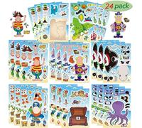 24 Sheets Pirate Face Stickers for Kids - Make Your Own Pirate Stickers Kit with Jolly Roger, Skull & Crossbones - Creative Make-a-Face Stickers, Pirate Party Favors & Decorations