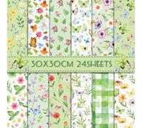 24 Sheets Scrapbook Paper Green Flowers Butterflies Design Paper, 12 Designs Double-Sided Craft Paper Decorative Paper for Scrapbook Craft Origami Paper Journal Motif Paper DIY Photo Album 30 x 30 cm