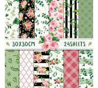24 Sheets Scrapbook Paper Rose Flowers Design Paper, 12 Designs Double-Sided Craft Paper Decorative Paper for Spring Scrapbook Craft Origami Paper Journal Writing Paper DIY Photo Album, 30 x 30 cm